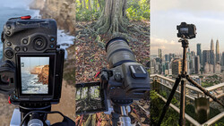 Three cameras mounted on tripods in different outdoor environments: coastal rocks, forest floor, and high-rise urban skyline.