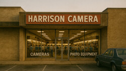 Storefront of Harrison Camera shop displaying cameras and photo equipment in window display.