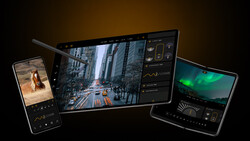 Screenshot of photo editing software displayed across three devices showing street photography, landscape, and wildlife images with adjustment panels.