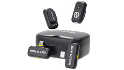 Hollyland wireless microphone system with compact receiver and two transmitter units displayed with charging case.