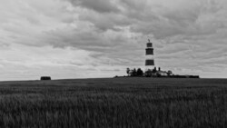 Striped lighthouse standing isolated in a flat, expansive grain field under dramatic cloudy sky.