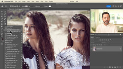 Screenshot of Photoshop 2025 with portrait editing interface showing two women with styled hair and makeup.