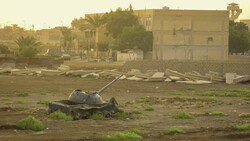 Abandoned tank turret in an overgrown field with deteriorating buildings and palm trees in the background.