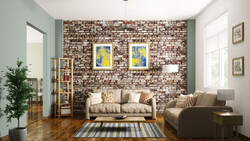 Modern living room with exposed brick wall, neutral upholstered furniture, and natural light from windows.