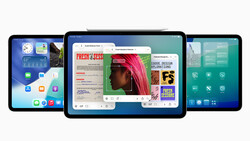 Screenshot showing three iPad displays with various apps and design interfaces open.