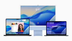 Screenshot showing Apple devices displaying macOS and iPadOS interfaces with blue gradient wallpapers.