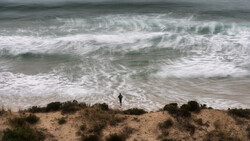 Solitary surfer standing on sandy beach with dune vegetation, facing large rolling waves under overcast sky.