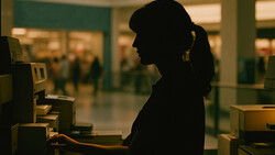 Silhouetted woman using an ATM machine in a public corridor with blurred figures in background.