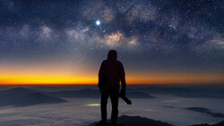 Silhouetted figure standing on a mountain peak beneath the Milky Way galaxy at dawn.