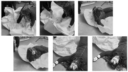 Six black and white contact sheet frames showing a person in white fabric on gray ground from multiple angles.