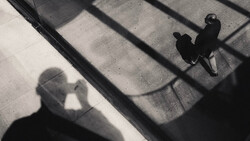 Overhead view of a person's shadow cast on concrete steps in strong sunlight.