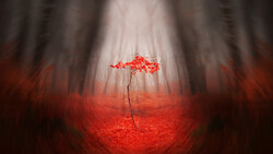 Red tree with vibrant foliage stands alone in a misty forest with motion blur effect.