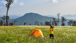 Person in yellow shirt standing next to orange tent in expansive green field with mountain backdrop.