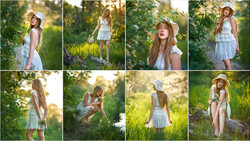 Grid of eight portraits showing a young girl in white dress and straw hat posing among green foliage and natural outdoor settings.