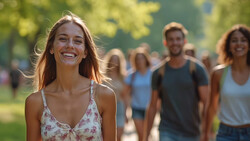 Woman in floral top smiling at camera with blurred group of people in background outdoors.