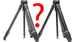 Two carbon fiber tripods shown side-by-side with a red question mark between them, suggesting a comparison or choice.