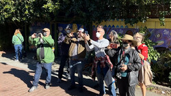 Group of photographers and visitors gathered outdoors during a sunny day, many holding cameras and phones to capture the scene.