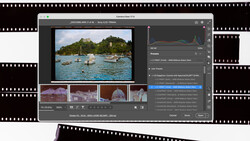 Screenshot of Camera Raw Filter interface showing coastal landscape photo with boats in water during editing.