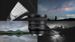 Sony FE 1.8/16G lens displayed centrally with four sample photographs surrounding it.