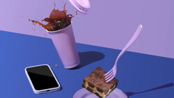 Stylized food photography setup with chocolate cake, beverage cup, smartphone, and fork arranged on geometric blue and purple surfaces.