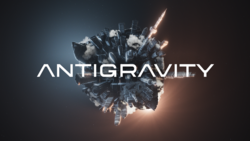 Graphic with the word "ANTIGRAVITY" overlaid on a spherical explosion of buildings and rockets against a dark gradient background.