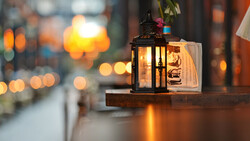 Decorative lantern with candle placed on wooden surface beside blurred evening street lights.