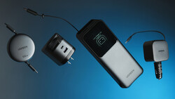 Collection of four portable charging devices and adapters arranged on a blue gradient background.
