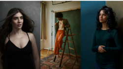 Three portrait studies showing different lighting setups and background colors with varied poses and clothing.