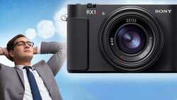 Sony RX1R compact camera with Zeiss lens displayed against split composition of businessman and sky.