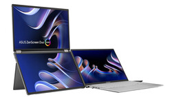 ASUS ZenScreen Duo portable display shown in three configurations: folded, unfolded dual-screen mode, and paired with a laptop.