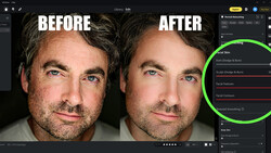 Screenshot of portrait retouching software showing before and after comparison of male headshot with skin smoothing adjustments applied.