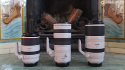 Three Canon RF-mount telephoto lenses with white grip rings displayed side by side on a decorative surface.