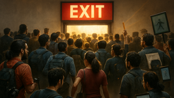 Large crowd of people pressing toward an illuminated EXIT sign in warm, hazy lighting.