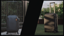 Side-by-side comparison of two rolling luggage suitcases in different settings and lighting conditions.