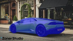Bright blue luxury sports car parked on a street in front of upscale storefronts with ivy-covered entrance.