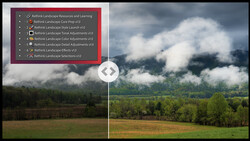 Screenshot of landscape editing software menu overlaid on a scenic photograph of fields and mountains.