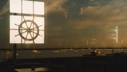 Ship's wheel silhouetted against a bright window in warm, atmospheric interior lighting.