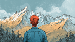 Illustration of a person with reddish hair viewed from behind, wearing a blue jacket and gazing at snow-capped mountains.