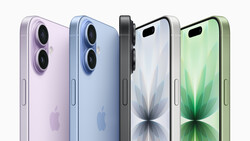 Four smartphones arranged in a row displaying different color finishes and camera lens designs.