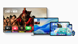 Screenshot showing Apple TV interface with streaming apps displayed on a television, alongside MacBook, iPad, and iPhone devices.