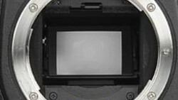 Camera sensor and mirror box interior viewed from the front, showing the reflective mirror and focusing screen assembly.