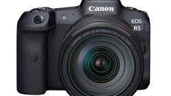 Canon EOS R5 mirrorless camera with RF 24-105mm f/4L IS USM lens attached, displayed against a white background.