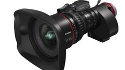 Canon cinema lens with square lens hood and follow focus system attached.