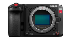 Canon EOS R5C mirrorless camera body shown from front with sensor visible through open mirror box.