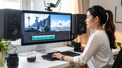 Video editor working at a desktop setup with color-graded footage displayed on a monitor.