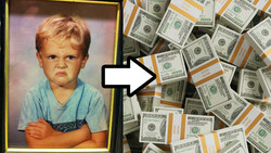 Composite image contrasting a young child's portrait photograph with stacks of U.S. currency.
