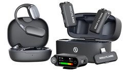 Wireless audio equipment displayed with charging case, earbuds, and battery monitor showing charge levels.