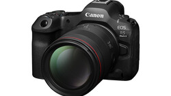 Canon EOS R5 Mark II mirrorless camera with attached telephoto lens against white background.