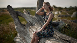 Woman in floral dress posing on weathered driftwood in an open field.