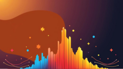 Illustration of a colorful bar chart with gradient spectrum transitioning from blue to orange and yellow against a dark abstract background.